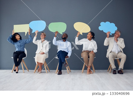 Social media, business people and speech bubble for advertising, message or space on wall background. Mockup, poster and group with banner, billboard or copy space for announcement together on a room Social media, business people and speech bubble for advertising, message or space on wall background. Mockup, poster and group with banner, billboard or copy space for announcement together on a room 133040696