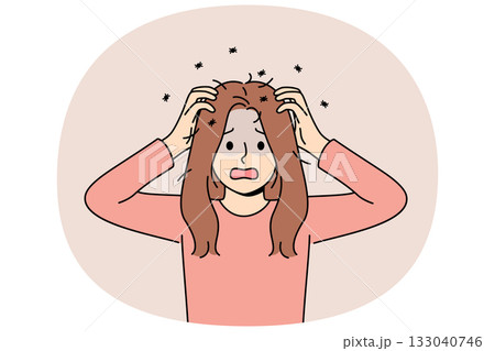 Woman has contracted lice and is itching due to lice crawling through hair and needs medication Woman has contracted lice and is itching due to lice crawling through hair and needs medication 133040746