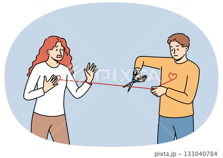 Man gets rid of love addiction and attachment to girlfriend, cuts rope connecting hearts 133040784