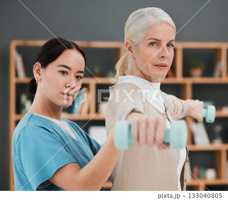 Senior patient, dumbbell and physiotherapy rehabilitation nurse help for fitness, muscle and support. Healthcare physiotherapist woman with elderly person for physical therapy and stretching exercise Senior patient, dumbbell and physiotherapy rehabilitation nurse help for fitness, muscle and support. Healthcare physiotherapist woman with elderly person for physical therapy and stretching exercise 133040805