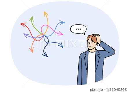 Business man is faced with difficult choice, looking at arrows pointing in different directions Business man is faced with difficult choice, looking at arrows pointing in different directions 133040808
