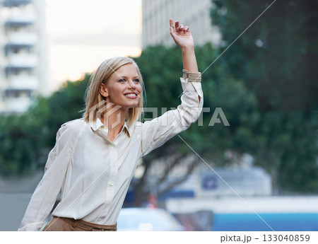 Travel, urban city and happy woman hail, wave or try to stop taxi, cab or car ride for transportation journey in San Francisco. Happiness, street sidewalk and person gesture for USA transport service Travel, urban city and happy woman hail, wave or try to stop taxi, cab or car ride for transportation journey in San Francisco. Happiness, street sidewalk and person gesture for USA transport service 133040859