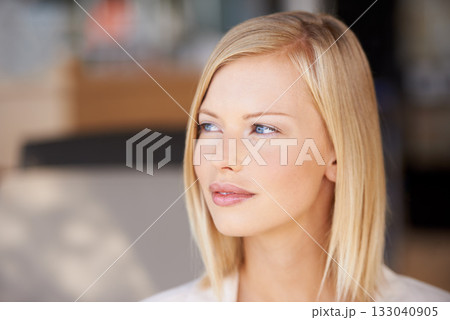 Thinking, beauty and face of a woman with mockup for natural makeup, cosmetics and idea. Female model person from Canada think about positive mindset, future or daydreaming for skincare headshot 133040905