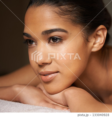 Woman thinking, face or massage to relax for zen resting or wellness physical therapy in spa hotel. Luxury, skincare or girl dreaming of salon ideas for body healing treatment or holistic detox 133040928