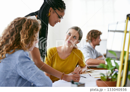 Woman, floor plan or engineering manager writing or planning project talking with leadership in meeting. Coaching women, teamwork or designers working on strategy of architecture blueprint in office Woman, floor plan or engineering manager writing or planning project talking with leadership in meeting. Coaching women, teamwork or designers working on strategy of architecture blueprint in office 133040936