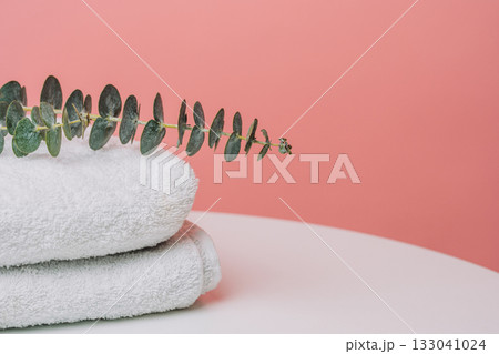 Minimal spa composition with eucalyptus on folded towels Minimal spa composition with eucalyptus on folded towels 133041024