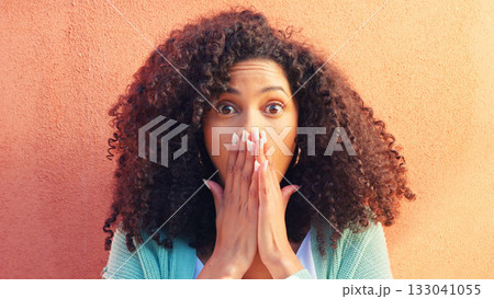 Wow, gossip and portrait of woman with surprise, news or drama announcement on orange background. Omg, emoji and hands on face of female model shocked by secret, story or hearing mind blowing rumor Wow, gossip and portrait of woman with surprise, news or drama announcement on orange background. Omg, emoji and hands on face of female model shocked by secret, story or hearing mind blowing rumor 133041055