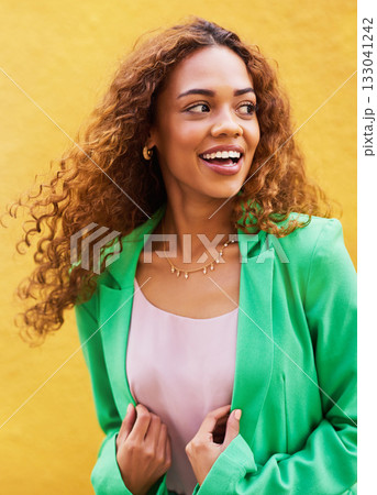 Happy, smile and fashion with black woman in city for freedom, beauty and glow. Cosmetics, confidence and youth with girl and yellow urban wall background for happiness, satisfaction and style Happy, smile and fashion with black woman in city for freedom, beauty and glow. Cosmetics, confidence and youth with girl and yellow urban wall background for happiness, satisfaction and style 133041242