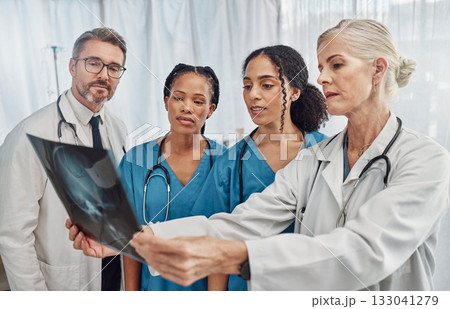Xray, doctors and nurses, group and health with analysis of brain scan and neurology medical team. Surgeon, collaboration and results with healthcare, focus with radiology and prepare for surgery Xray, doctors and nurses, group and health with analysis of brain scan and neurology medical team. Surgeon, collaboration and results with healthcare, focus with radiology and prepare for surgery 133041279