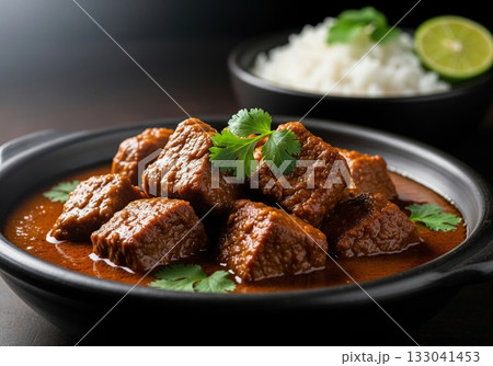 Traditional Caril de Puerco a spicy pork curry stew served in black bowl with fresh rice Traditional Caril de Puerco a spicy pork curry stew served in black bowl with fresh rice 133041453