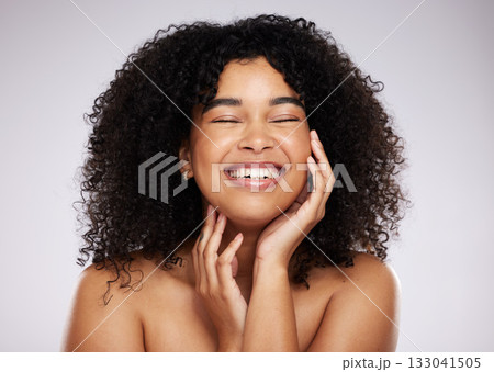 Beauty, skincare and black woman isolated on studio background for cosmetics, foundation and natural self love. Happy, young and model face or afro person from USA with dermatology results or makeup Beauty, skincare and black woman isolated on studio background for cosmetics, foundation and natural self love. Happy, young and model face or afro person from USA with dermatology results or makeup 133041505