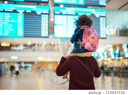 Airport, love and man with his child on his shoulders reading the schedule or time board. Trip, travel and young father carrying his girl kid while walking to the terminal to board their flight. Airport, love and man with his child on his shoulders reading the schedule or time board. Trip, travel and young father carrying his girl kid while walking to the terminal to board their flight. 133041538