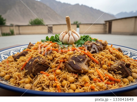 Traditional Tajik Oshi Palov with lamb carrots and chickpeas served on a platter outdoors Traditional Tajik Oshi Palov with lamb carrots and chickpeas served on a platter outdoors 133041649