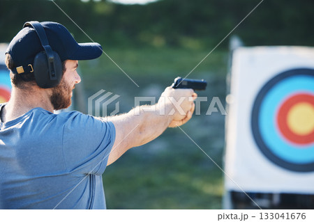 Man, firearm training and target for outdoor challenge, goals and aim for police, army or security academy. Shooting expert, pistol or gun for sport, safety and combat exercise in nature with vision 133041676