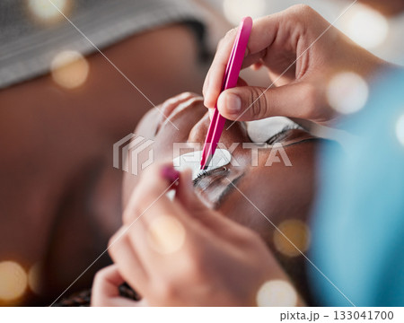 Salon hands, woman face and tweezers for eyelash extension, application or beauty spa healthcare. Cosmetics process, wellness service and relax African client, customer or patient for luxury lashes Salon hands, woman face and tweezers for eyelash extension, application or beauty spa healthcare. Cosmetics process, wellness service and relax African client, customer or patient for luxury lashes 133041700