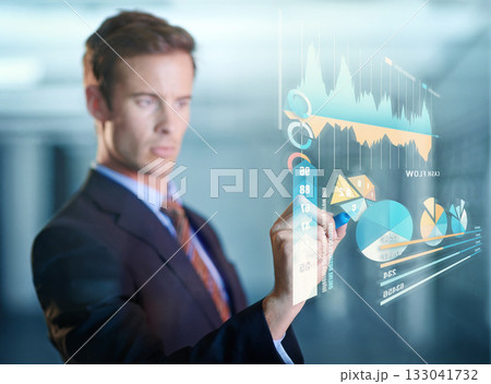 Charts, future and man with hologram, digital interface and check investment for growth and planning. Male person, accountant and employee with graphs, innovation and planning for futuristic finances 133041732