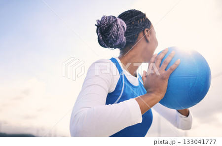 Mockup, netball and black woman training, fitness and exercise for wellness, healthy lifestyle and performance. Sky, African American female player and lady with ball, game and match with competition 133041777