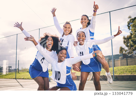Sports, netball and portrait of winner women ready for training, exercise and practice workout on court. Fitness, teamwork and excited girl athletes for motivation in sport game, match or competition Sports, netball and portrait of winner women ready for training, exercise and practice workout on court. Fitness, teamwork and excited girl athletes for motivation in sport game, match or competition 133041779