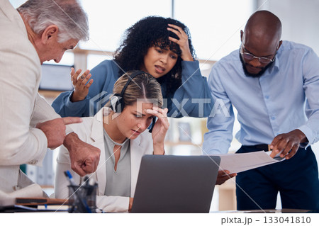 Stress, deadline and people at a call center with a problem in telemarketing, bad email and communication. Glitch, challenge and customer service employees with a crisis in technical support 133041810