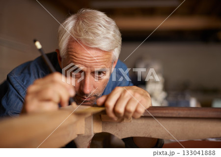 Focus, furniture manufacturing and carpenter with pencil, table and antique restoration workshop. Creativity, small business and professional carpentry measurement for sustainable wood project design 133041888