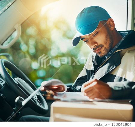 Writing, delivery and checklist with man in car for courier, logistics and shipping. Ecommerce, export and distribution with male postman in vehicle for mail, package and cargo shipment Writing, delivery and checklist with man in car for courier, logistics and shipping. Ecommerce, export and distribution with male postman in vehicle for mail, package and cargo shipment 133041904