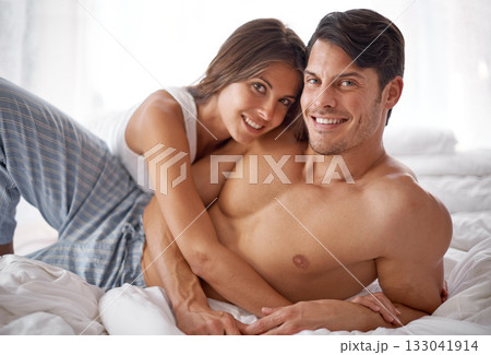Love, bedroom portrait and happy couple hug during morning peace, calm or bonding quality time together. Smile, vacation and romantic people relax in hotel bed for Valentines Day holiday in Argentina Love, bedroom portrait and happy couple hug during morning peace, calm or bonding quality time together. Smile, vacation and romantic people relax in hotel bed for Valentines Day holiday in Argentina 133041914