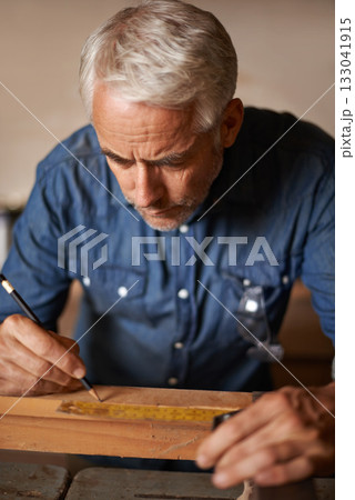 Carpentry, wood and man with pencil, focus and thinking at designer furniture manufacturing workshop. Creativity, small business and professional carpenter working on design for sustainable project. 133041915