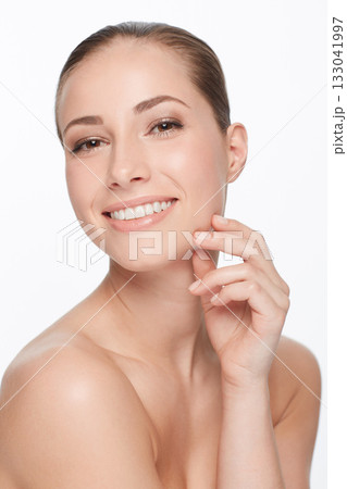 Portrait, skincare and woman with beauty, luxury and happy girl isolated against a white studio background. Face, female person or model with dermatology, salon treatment and grooming with confidence 133041997