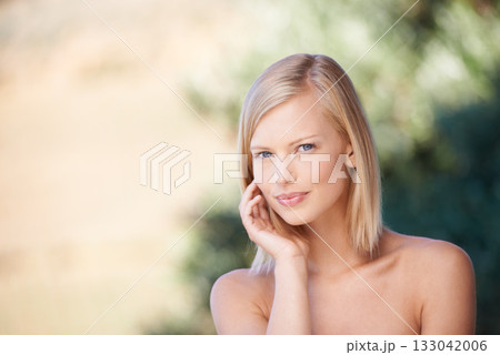 Portrait, beauty and a woman outdoor in nature for natural makeup, dermatology and cosmetics. Face of female model happy with green or sustainable skincare, facial self care and healthy skin glow 133042006