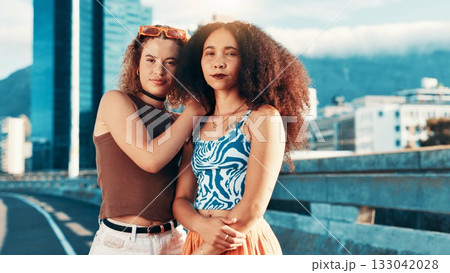 Women, fashion and portrait of friends with streetwear, edgy clothes or confident in city. Cool, trendy and girls outdoor together with sunglasses, urban outfit or serious with gen z style for swag Women, fashion and portrait of friends with streetwear, edgy clothes or confident in city. Cool, trendy and girls outdoor together with sunglasses, urban outfit or serious with gen z style for swag 133042028