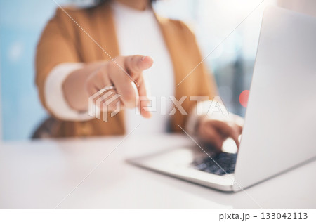 Hand, pointing and laptop in office with black woman, hr expert and question at desk for recruitment. Human resources, manager and choice for hiring, opportunity or job for future employee at company 133042113
