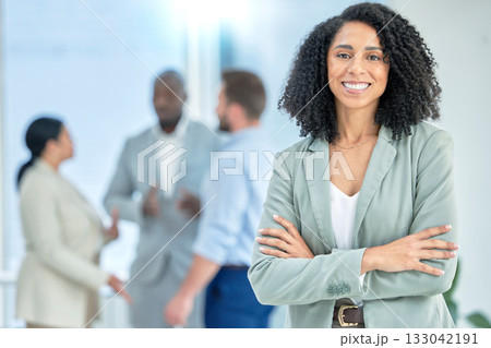 Black woman, business and leadership in meeting with smile in portrait, team leader and success with professional mindset. Corporate female, happy at job and arms crossed, manager in Atlanta office Black woman, business and leadership in meeting with smile in portrait, team leader and success with professional mindset. Corporate female, happy at job and arms crossed, manager in Atlanta office 133042191