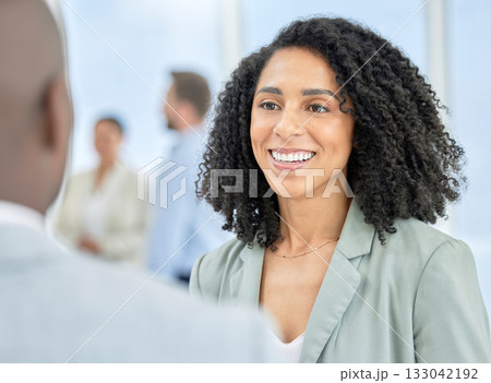 Black woman, business employee and networking conversation of a lawyer talking. Happiness, smile and law consultant with worker communication in a office at a workplace happy about leadership 133042192