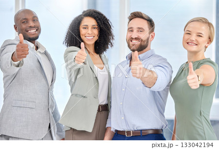Thumbs up, business people portrait and thank you hand gesture with diversity and solidarity. Winner, teamwork and happy collaboration of corporate management group with a smile from success Thumbs up, business people portrait and thank you hand gesture with diversity and solidarity. Winner, teamwork and happy collaboration of corporate management group with a smile from success 133042194
