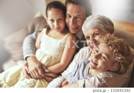 Smile, relax or happy grandparents with a children hug to embrace love together in family home in retirement. Elderly grandma, old man or kids relaxing, bonding or enjoying quality time together Smile, relax or happy grandparents with a children hug to embrace love together in family home in retirement. Elderly grandma, old man or kids relaxing, bonding or enjoying quality time together 133042392