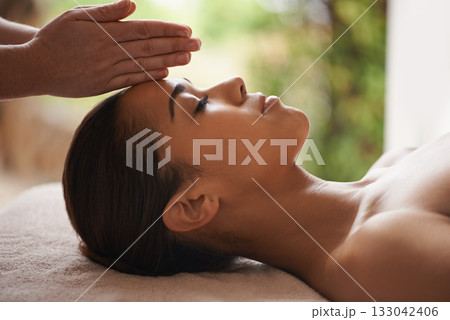 Girl, hands or head massage in spa hotel for zen resting, sleeping wellness or relaxing physical therapy. Calm, eyes closed or woman in beauty salon to exfoliate for facial healing treatment or detox 133042406