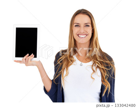 Tablet, screen and happy woman in portrait isolated on white background and mockup space for online marketing. Face of person or digital user for technology in hand, software or application in studio 133042480