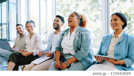 Business people, meeting and laughing for funny joke, team building or collaboration at office seminar. Group of happy employees smile for fun presentation, workshop or social at friendly workplace 133042609