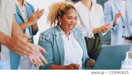 Business people applause, laptop and happy woman celebrate online promotion news, project results or bonus salary. Congratulations, support and team praise for achievement, success or investment deal Business people applause, laptop and happy woman celebrate online promotion news, project results or bonus salary. Congratulations, support and team praise for achievement, success or investment deal 133042625