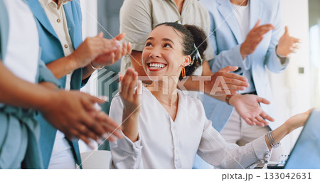 Business people applause, excited and woman celebrate promotion news, announcement or opportunity. Winner congratulations, group support or team praise for achievement, success goal or corporate deal Business people applause, excited and woman celebrate promotion news, announcement or opportunity. Winner congratulations, group support or team praise for achievement, success goal or corporate deal 133042631