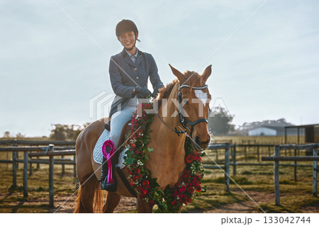 Winner, sports and portrait of woman on horse for a show, recreation and lessons on a farm. Equestrian, award and girl doing horseback riding for a competition, learning or training in countryside Winner, sports and portrait of woman on horse for a show, recreation and lessons on a farm. Equestrian, award and girl doing horseback riding for a competition, learning or training in countryside 133042744