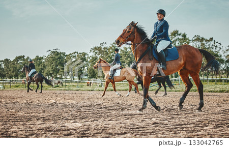Woman, horse and race with ride, space and mockup with portrait, smile and outdoor sports in nature. Equestrian, riding and smile for sport with helmet, safety and happiness for fitness with mock up 133042765