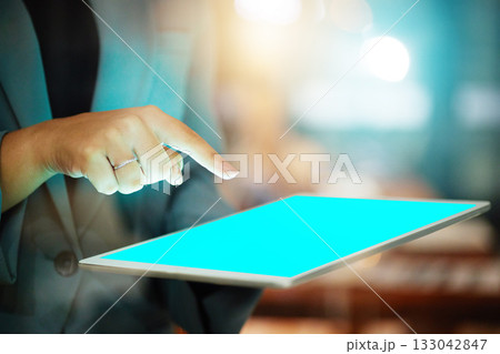 Hands, tablet green screen and office mockup at night for planning, research or web design tech. Woman, mobile touchscreen mock up and blurred background with bokeh, code app ui and cloud computing 133042847