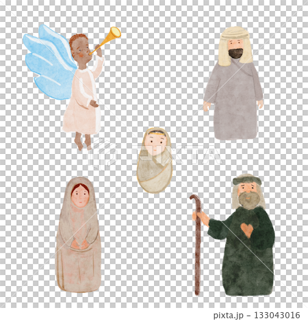 Mary, Joseph, baby Jesus, shepherd, and angel with trumpet. Watercolor nativity characters set isolated on white. Hand-painted clip art perfect for Christmas cards, decor, posters or religious art 133043016