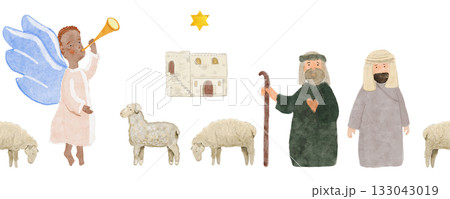 Nativity shepherds, angels, Bethlehem house and sheep. Hand-painted watercolor seamless border isolated on white. Perfect for Christmas cards, Sunday school, banners, textile and Christian decor. Holy 133043019