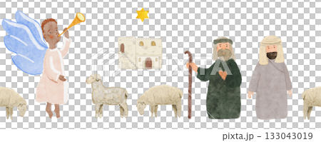 Nativity shepherds, angels, Bethlehem house and sheep. Hand-painted watercolor seamless border isolated on white. Perfect for Christmas cards, Sunday school, banners, textile and Christian decor. Holy 133043019