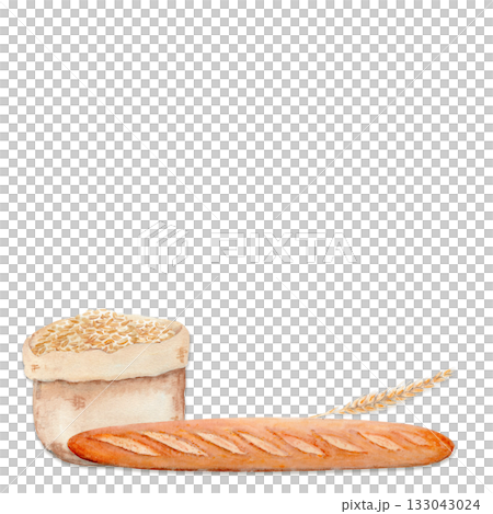 Bread loaf, wheat grain sack, and ear of wheat, Watercolor illustration hand-painted and isolated on white. Perfect for bakery branding, food packaging, kitchen prints, farm design projects. Baguette 133043024