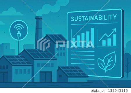 Hopeful modern corporate factory scene with sustainability management interface showing positive ESG data. Solar panel roofs and emission sensor represent eco friendly technology Hopeful modern corporate factory scene with sustainability management interface showing positive ESG data. Solar panel roofs and emission sensor represent eco friendly technology 133043116