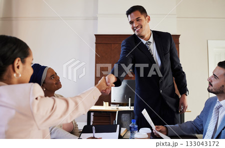 B2B, support and handshake business people welcome, partnership and hiring contract success deal or networking. Trust, thank you and collaboration lawyer shaking hands for corporate meeting review 133043172