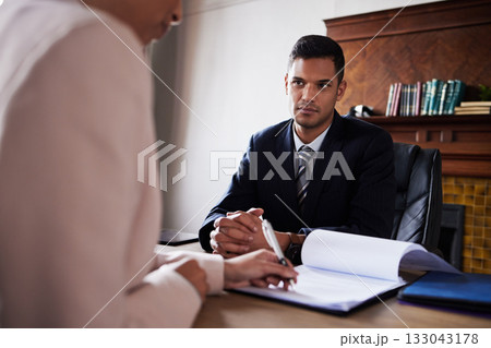 Legal, signature and contract with woman planning on documents for partnership, b2b and agreement. Lawyer, financial advisor and consulting with man for divorce, deal or paperwork review and sign Legal, signature and contract with woman planning on documents for partnership, b2b and agreement. Lawyer, financial advisor and consulting with man for divorce, deal or paperwork review and sign 133043178